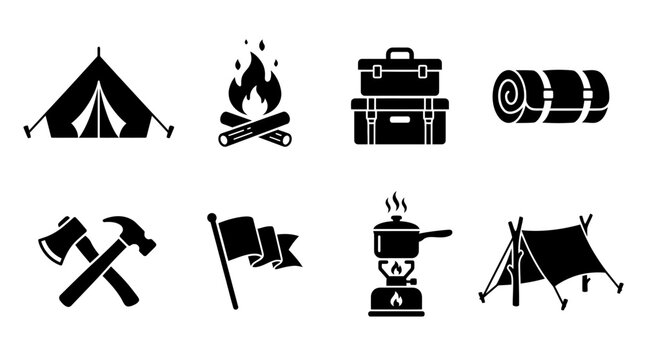 Camping equipment vector illustration set with tents, campfire, supply boxes, sleeping bags, tools, flags, cooking gear, temporary shelter, outdoor survival icons, adventure nature vector artwork