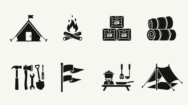 Camping equipment vector illustration set with tents, campfire, supply boxes, sleeping bags, tools, flags, cooking gear, temporary shelter, outdoor survival icons, adventure nature vector artwork