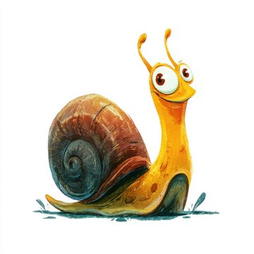 Cute Cartoon Snail Character With Brown Shell And Yellow Body Isolated On A Plain White Background