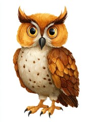 Obraz premium Cute Digital Illustration Of A Detailed Brown Owl With Big Golden Eyes Against White Background