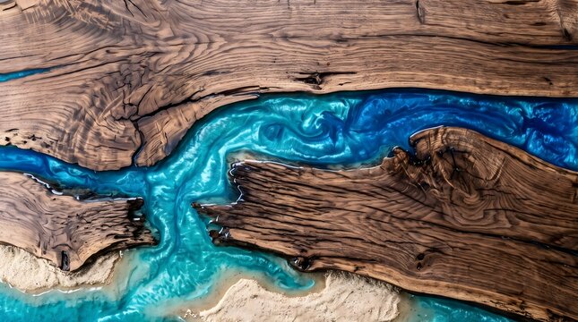 Epoxy, Drone, Old cracked wood with turquoise dark epoxy river Aerial view river sandy beach drone landscape wallpaper minimalist art