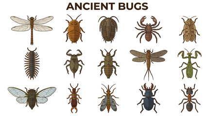 A collection of fifteen colorful stylized illustrations of various prehistoric arthropods arranged in three rows © Faisal