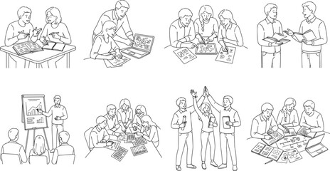 Obraz premium Student Teamwork and Collaborative Learning Line Art Vector Set for Education and Study