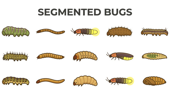 A collection of fifteen colorful stylized illustrations of various wormlike larvae and segmented insects arranged in a grid
