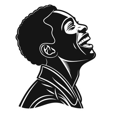 Black and white vector illustration of a laughing man, joyful male profile with open mouth, expressive person silhouette for social media and branding