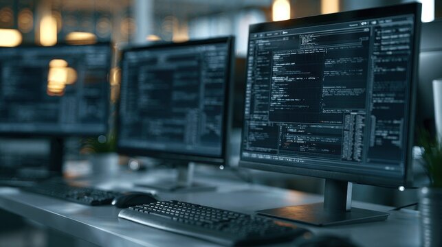 Close-up view of multiple widescreen monitors displaying programming code on dark interface with keyboard mouse and blurred workspace background in modern office environment