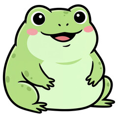 Fototapeta premium Adorable Cartoon Frog: A cute and round green frog with rosy cheeks and a big smile is depicted in a whimsical, cartoon style. Its cheerful expression brings a sense of fun and playfulness.