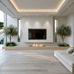 Obraz premium Modern living room with minimal architectural wall design, large television, indoor trees, fireplace, and natural light create serene atmosphere