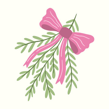 Cute christmas pine branch with pink ribbon bow vector illustration. Hand drawn christmas pine neddle branch clipart for holiday design and christmas greeting card