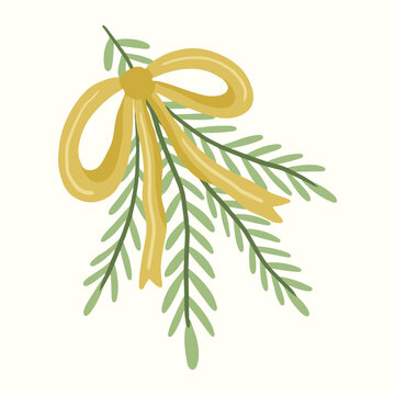 Cute christmas pine branch with yellow ribbon bow vector illustration. Hand drawn christmas pine neddle branch clipart for holiday design and christmas greeting card