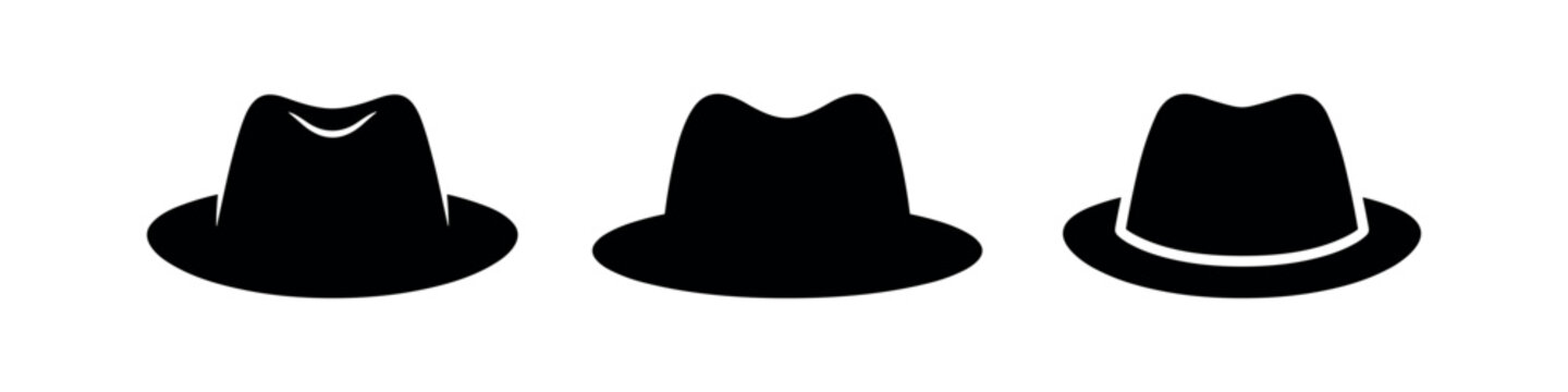 Black and white icons of fedora hats in different frontal views.