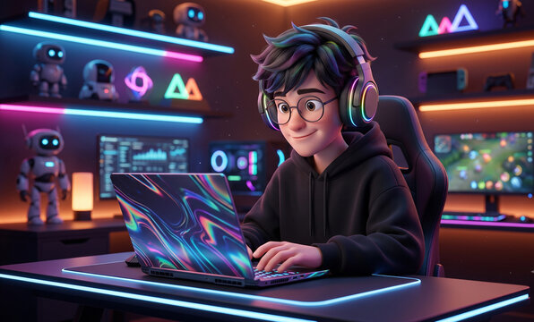 Cute 3D Gamer Boy Wearing Headphones Working on Colorful Laptop in Neon Gaming Room