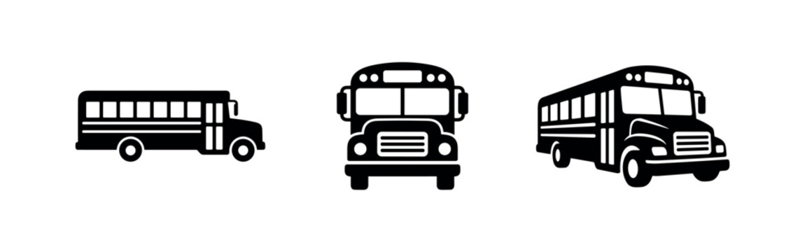 Black and white icons of school buses in different views: side, front, and perspective.