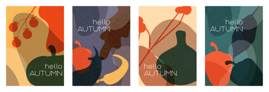 Hello Autumn banner set. Modern colourful cards with leaves and veges silhouettes.