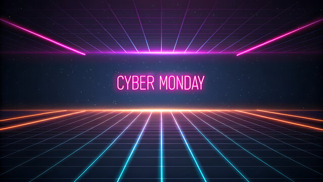 Cyber Monday sale banner with glowing pink neon text on futuristic synthwave grid background