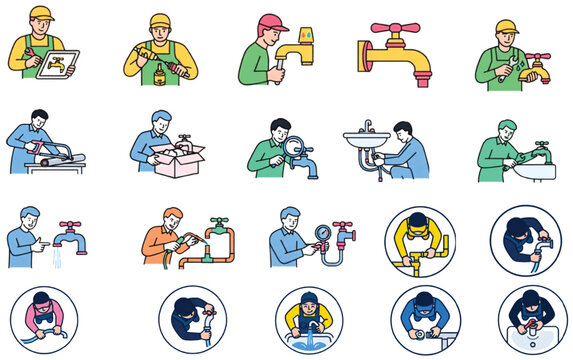 People performing plumbing inspection pipe repair faucet installation and household water maintenance icon set vector illustration