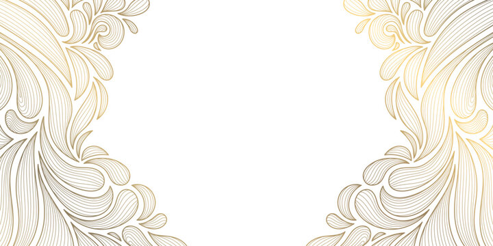 Luxury vintage floral frame with elegant golden line ornament, botanical leaves, art deco details. Book covers, wedding invitation, greeting card, banner, packaging, certificate