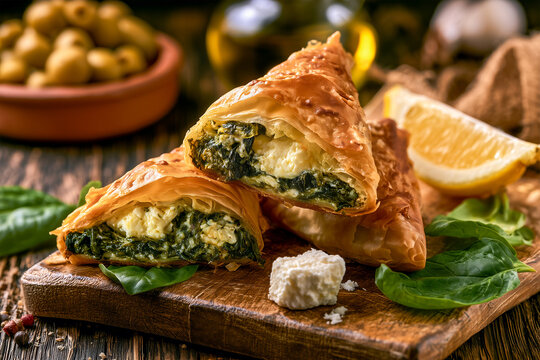 Close up of a plate of authentic greek spanakopita, traditional food recipe of a pie with spinach, feta cheese and filo (or phyllo) pastry dough in Greece