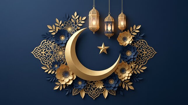 Luxury Islamic Ramadan Kareem Background with Golden Crescent Moon, Star, Arabic Lanterns, and Paper Cut Floral Mandala Decoration