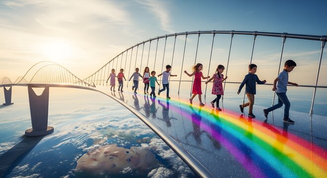 Diverse children walking across a glass bridge with a vibrant rainbow path under bright sunlight.