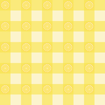 Yellow and White Checkered Background with Oranges Icons, suitable for textile design, wallpaper, wrapping