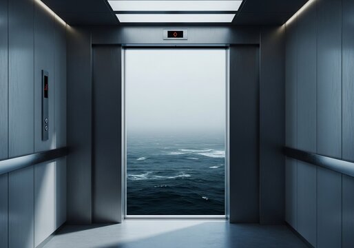 Open elevator doors revealing a vast dark ocean view in modern interior