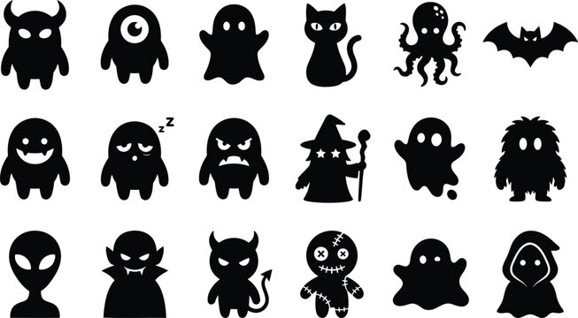Black silhouettes of cats in various poses and expressions animal