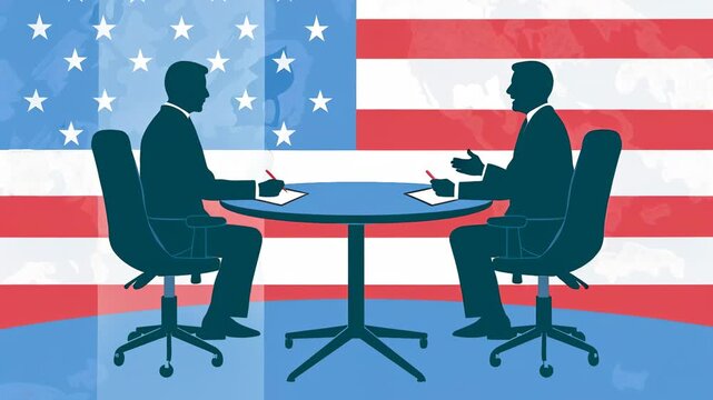 Debate about key issues takes place in front of American flag Generative AI