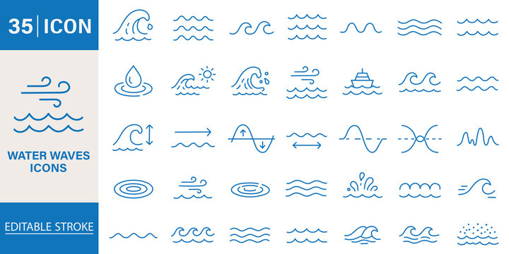 Ocean wave line icons set water sea surf nautical symbols minimal outline vector illustration nature marine collection isolated background
