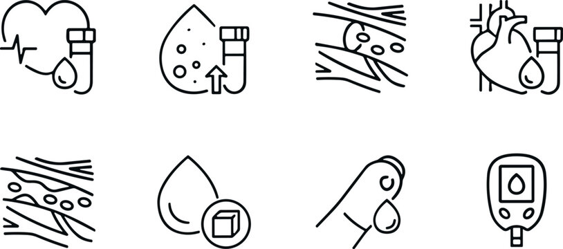 Cardiovascular Health and Diabetes Monitoring Icon Set with Blood Sugar Glucose Testing Glucometer Finger Prick and Artery Plaque Symbols for Medical Apps