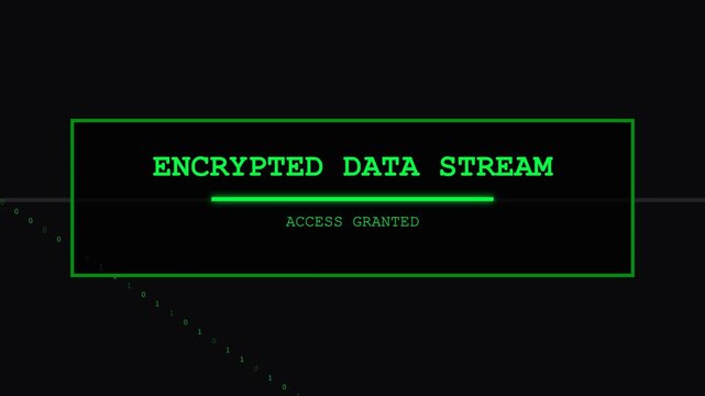 Encrypted data stream animation, green text and binary code on black background, seamless loop, symbolizing cybersecurity and digital protection