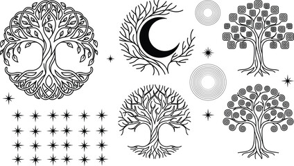Mystical tree of life vector icon set with celtic knots moon phases geometric elements and magic stars icons © MdMursalin