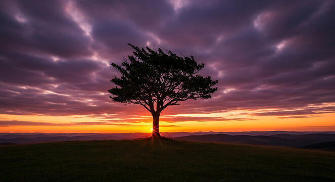 Lone Tree Hilltop Mountain Range Sunset Dramatic Sky Silhouette Golden Hour Landscape