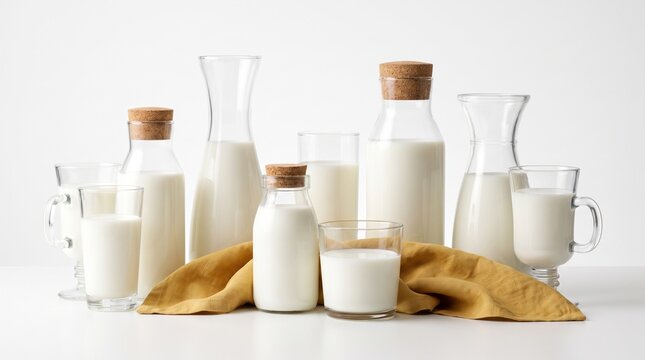 A collection of glass bottles and glasses filled with fresh white milk, arranged on a clean white surface with a yellow fabric.