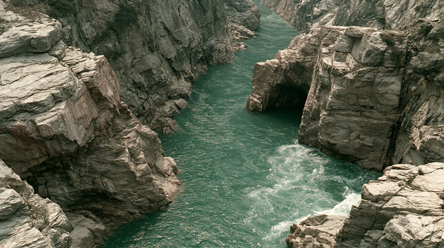 River tributary merging seamlessly with main stream at canyon entrance, aerial view.