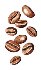 Falling Coffee beans, Original Hand drawn watercolor illustration isolated on white background © dariaustiugova