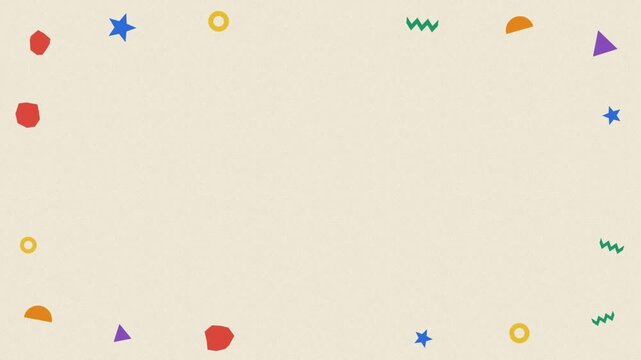 Paper cutout shapes sliding in to build a colourful border on a cream background, stop motion style seamless loop with a clean centre for text
