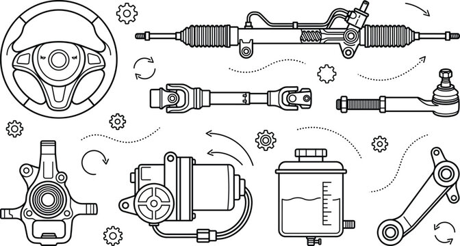 Car steering and suspension parts doodle icon set vector illustration with rack pinion steering wheel pump reservoir joints and gears