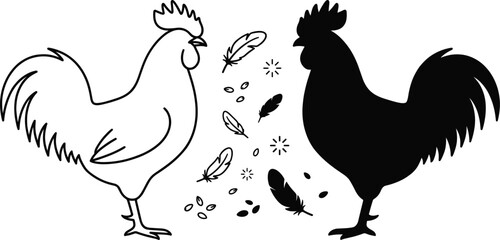 Rooster silhouette and outline collection with farm poultry elements feathers and seeds for agriculture branding design template © MdMursalin