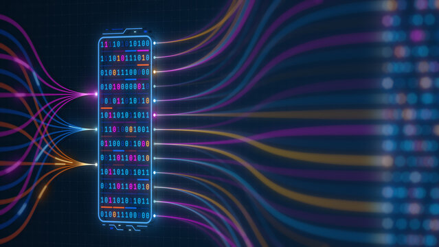 Binary Data Processing Node with Digital Information Flow Illustration