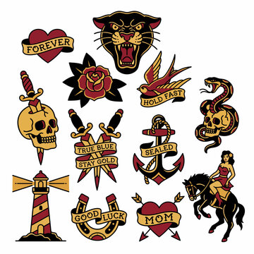 Set of vintage old school tattoo flash icons featuring panther, skull, anchor, and heart motifs in traditional American style on white background