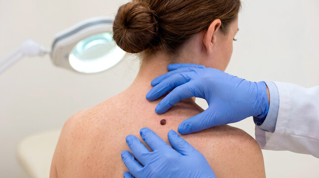 Dermatologist examining a suspicious mole on a patient's back with a magnifying lamp