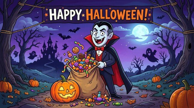 Happy halloween cartoon vampire with candy bag spooky castle and jack o' lantern for festive celebrations and trick or treating designs