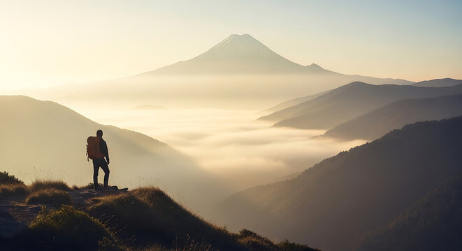 Lone Hiker Looking at Distant Mountain Peak Sunrise Golden Fog Valley Introspection Nature