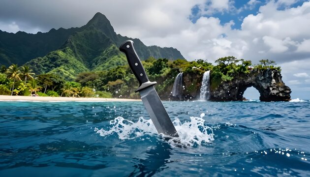 A sharp knife plunges into the ocean near a tropical island with waterfalls