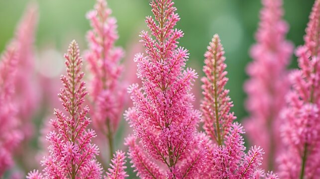 Close-up of delicate pink astilbe flowers blooming in a garden with soft bokeh background