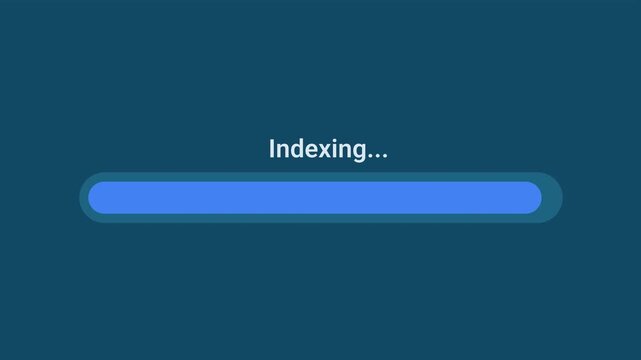Animated motion graphics showing a blue progress bar indexing over a transparent alpha channel background. Represents database organization, file cataloging, or system search preparation.