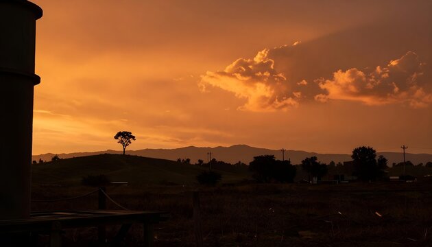 Silhouette of a lone tree on a hill against a vibrant orange sunset sky