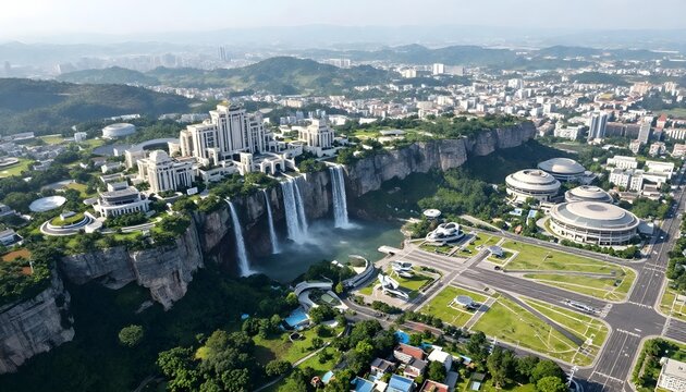 Futuristic city skyline with cascading waterfalls and modern architecture