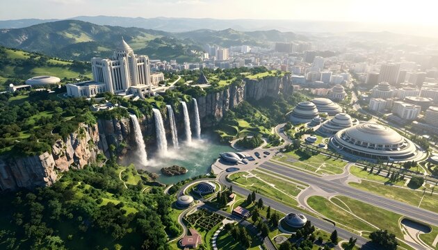 Futuristic city with waterfalls and modern architecture overlooking a vast landscape